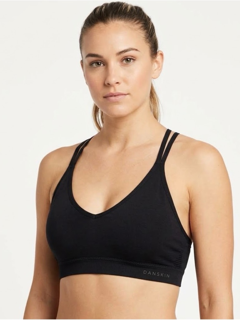 Danskin Black Seamless Strappy Sports Bra - Double Strap V-Neck Bralette Top